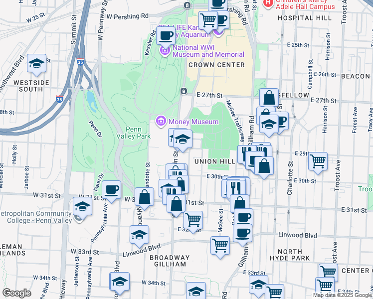 map of restaurants, bars, coffee shops, grocery stores, and more near 101 East 28 Terrace in Kansas City