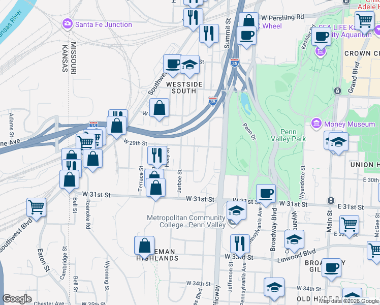 map of restaurants, bars, coffee shops, grocery stores, and more near 1020 West 29th Street in Kansas City