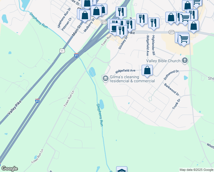 map of restaurants, bars, coffee shops, grocery stores, and more near 523 Ridgefield Avenue in Stephens City