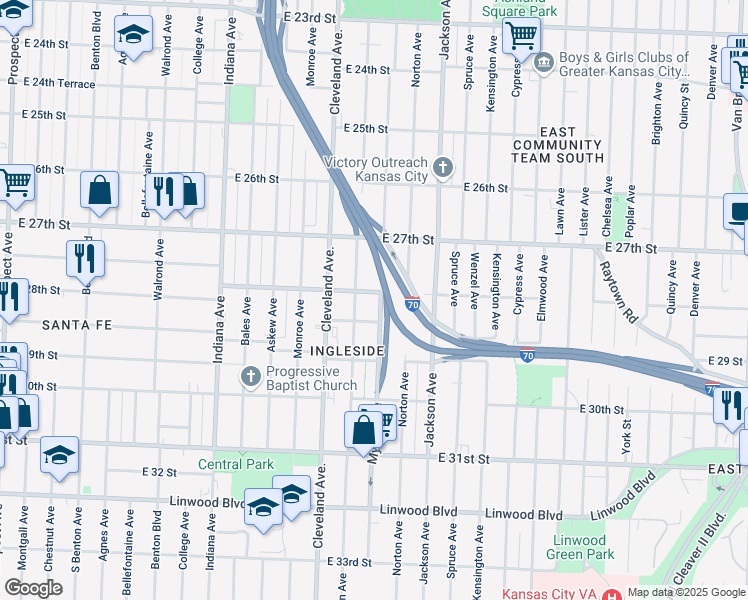 map of restaurants, bars, coffee shops, grocery stores, and more near 2741 Mersington Avenue in Kansas City