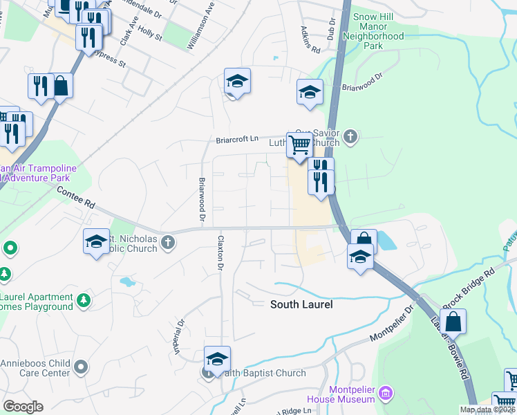 map of restaurants, bars, coffee shops, grocery stores, and more near 8811 Enfield Court in Laurel