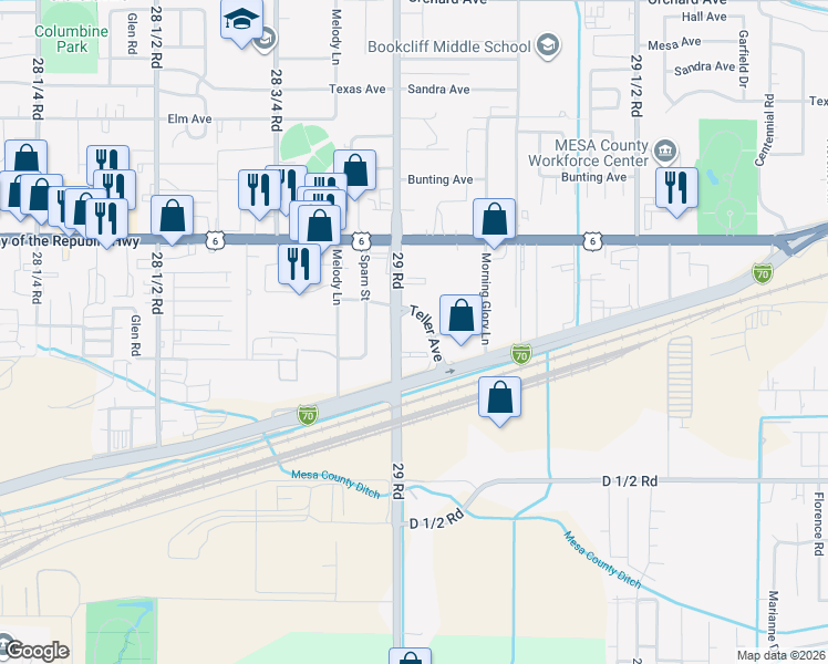 map of restaurants, bars, coffee shops, grocery stores, and more near 2901 Teller Avenue in Grand Junction