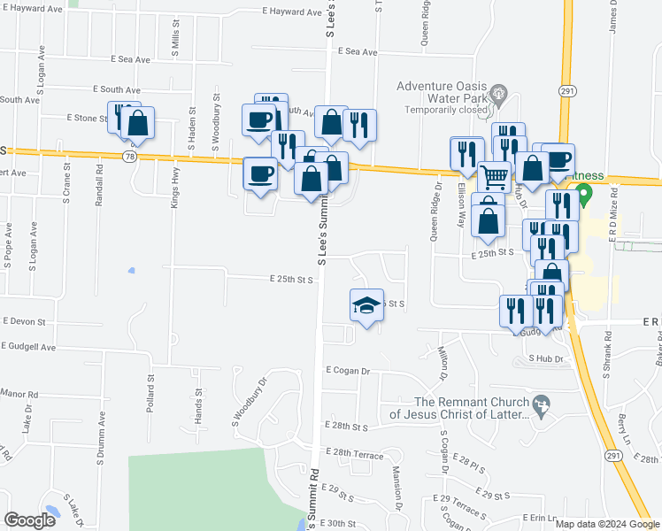 map of restaurants, bars, coffee shops, grocery stores, and more near 2425 South Lee's Summit Road in Independence