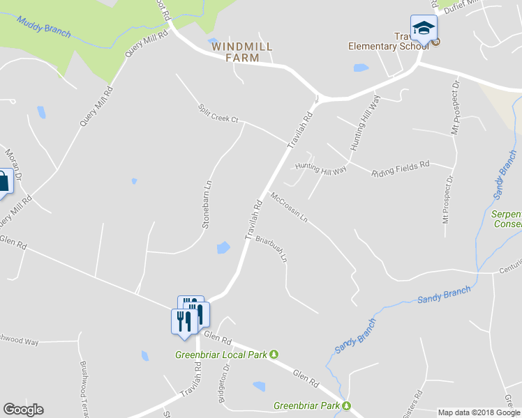 map of restaurants, bars, coffee shops, grocery stores, and more near 13321 Travilah Road in Potomac