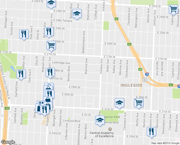 map of restaurants, bars, coffee shops, grocery stores, and more near 3239 East 28 Street in Kansas City