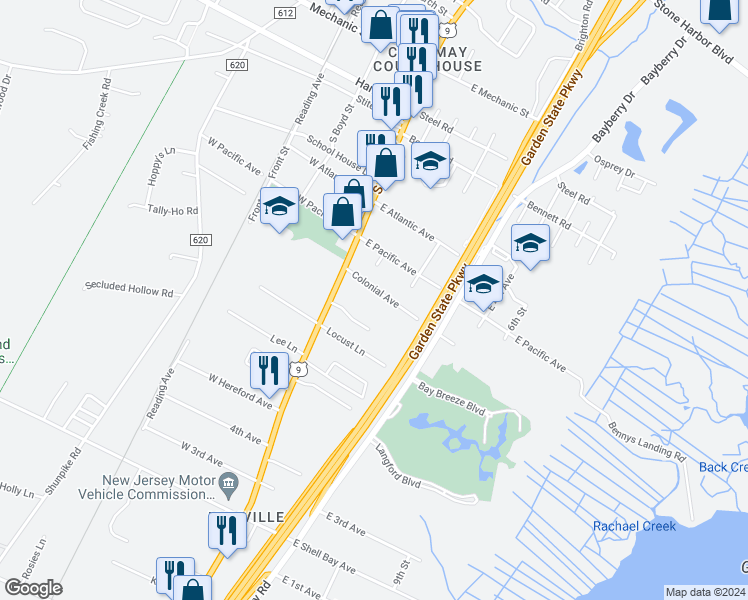 map of restaurants, bars, coffee shops, grocery stores, and more near 17 Colonial Avenue in Cape May County