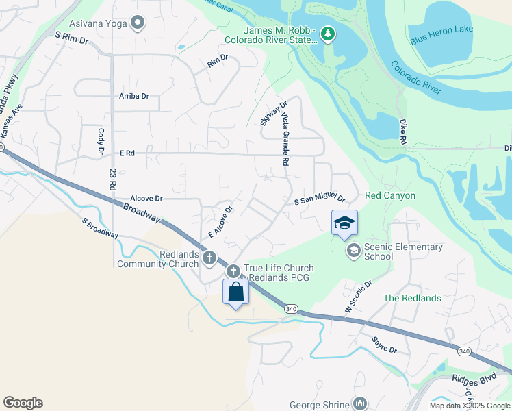 map of restaurants, bars, coffee shops, grocery stores, and more near 122 East Alcove Drive in Grand Junction
