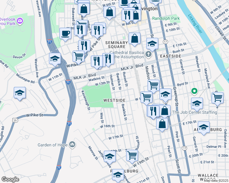 map of restaurants, bars, coffee shops, grocery stores, and more near 1320 Holman Street in Covington