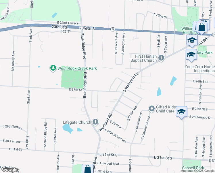 map of restaurants, bars, coffee shops, grocery stores, and more near 2620 South Arlington Avenue in Independence