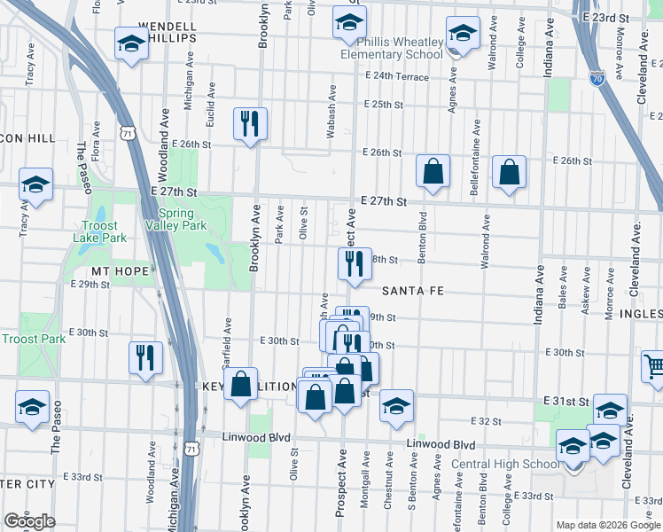 map of restaurants, bars, coffee shops, grocery stores, and more near 2806 Wabash Avenue in Kansas City