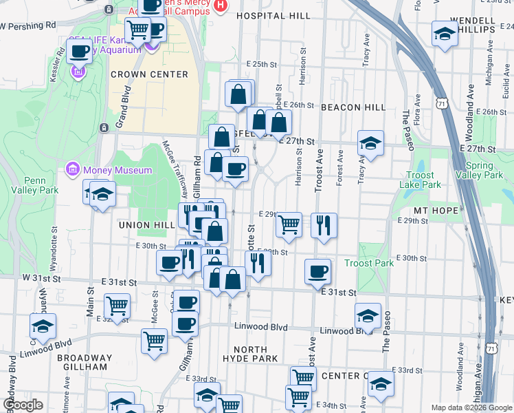 map of restaurants, bars, coffee shops, grocery stores, and more near 2809 Charlotte Street in Kansas City