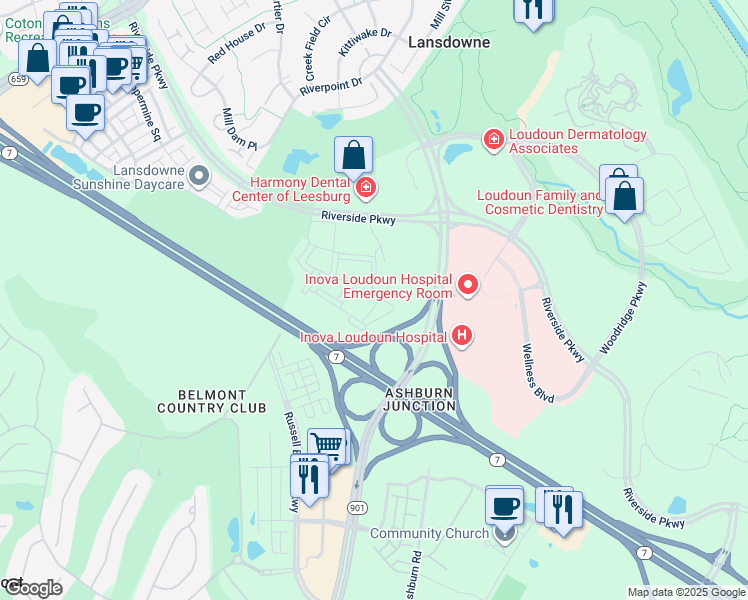map of restaurants, bars, coffee shops, grocery stores, and more near 19571 Tantara Terrace in Leesburg