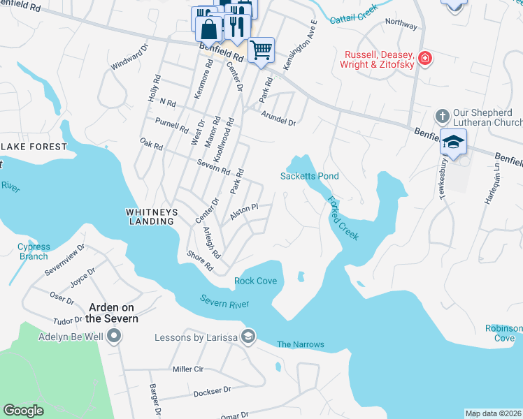 map of restaurants, bars, coffee shops, grocery stores, and more near 601 Alston Place in Severna Park