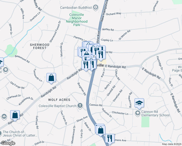map of restaurants, bars, coffee shops, grocery stores, and more near 13318 New Hampshire Avenue in Silver Spring