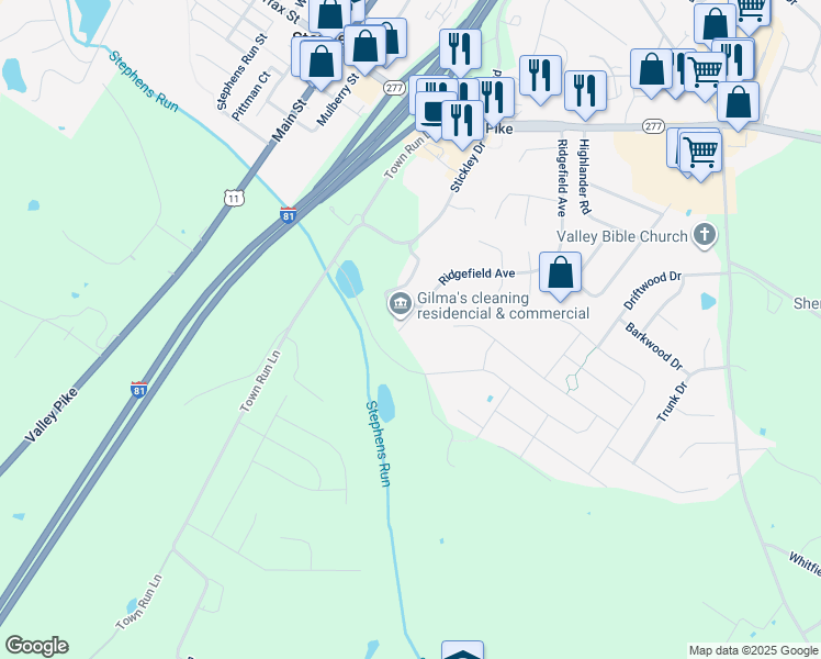 map of restaurants, bars, coffee shops, grocery stores, and more near 517 Ridgefield Avenue in Stephens City