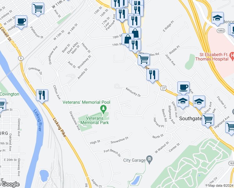 map of restaurants, bars, coffee shops, grocery stores, and more near 137 Kentucky Drive in Newport
