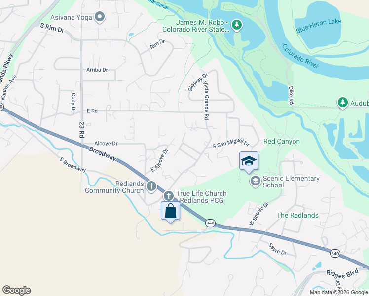 map of restaurants, bars, coffee shops, grocery stores, and more near 122 East Alcove Drive in Grand Junction