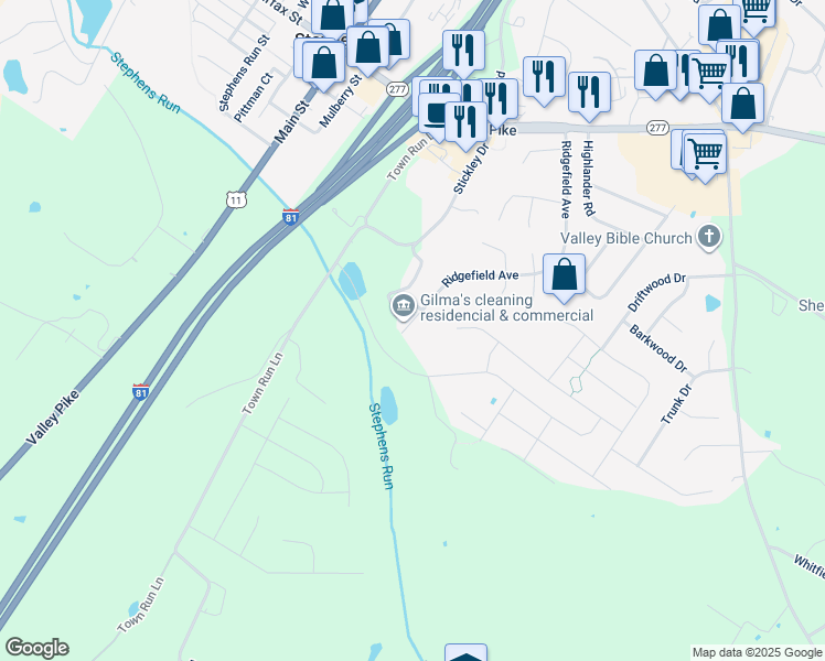 map of restaurants, bars, coffee shops, grocery stores, and more near 517 Ridgefield Avenue in Stephens City