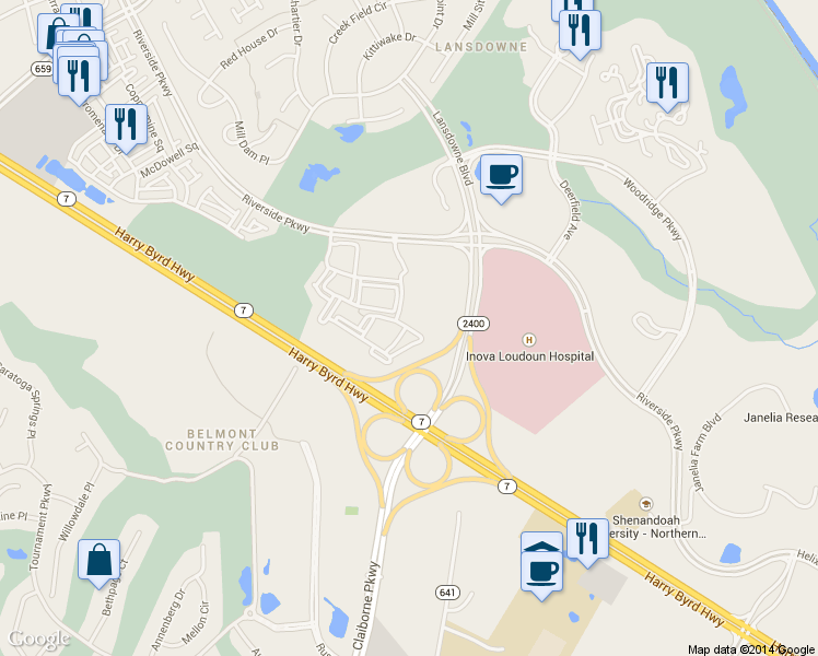 map of restaurants, bars, coffee shops, grocery stores, and more near 43930 Harbor Hills Terrace in Leesburg