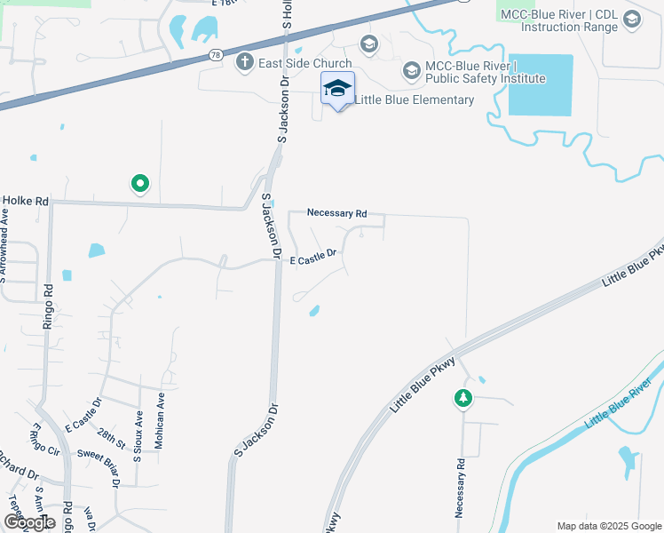 map of restaurants, bars, coffee shops, grocery stores, and more near 20117 East Castle Drive in Independence