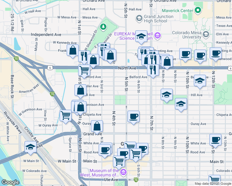map of restaurants, bars, coffee shops, grocery stores, and more near 410 Hill Avenue in Grand Junction