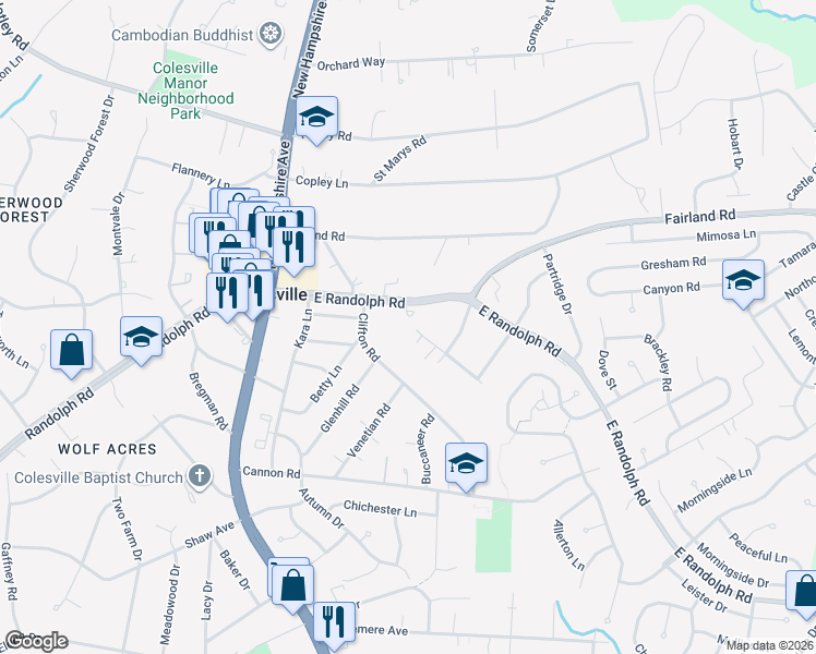 map of restaurants, bars, coffee shops, grocery stores, and more near 601 East Randolph Road in Silver Spring