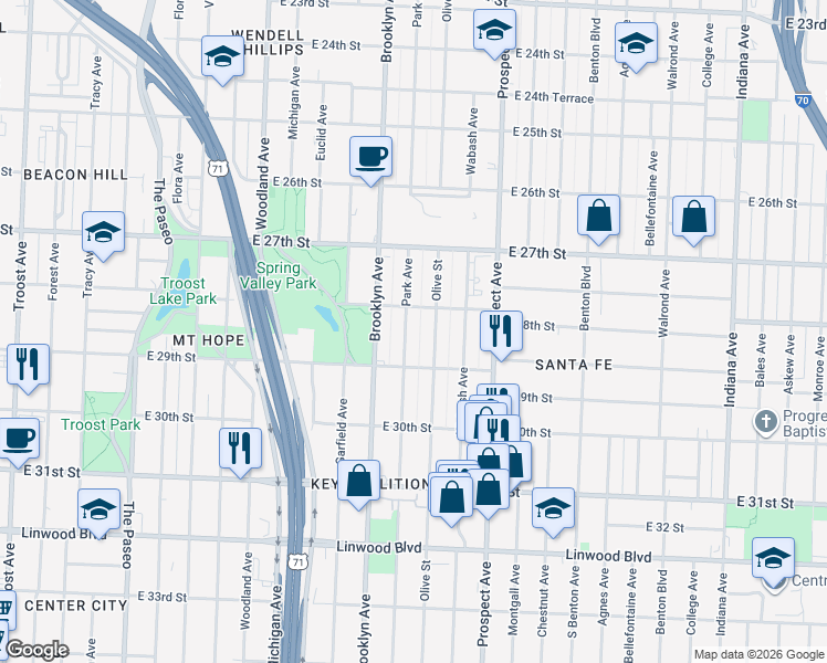 map of restaurants, bars, coffee shops, grocery stores, and more near 2811 Park Avenue in Kansas City