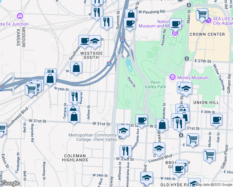 map of restaurants, bars, coffee shops, grocery stores, and more near Southwest Trafficway in Kansas City
