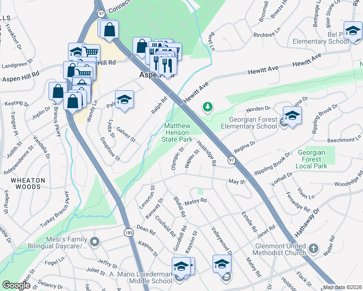 map of restaurants, bars, coffee shops, grocery stores, and more near 3511 Olympic Street in Silver Spring