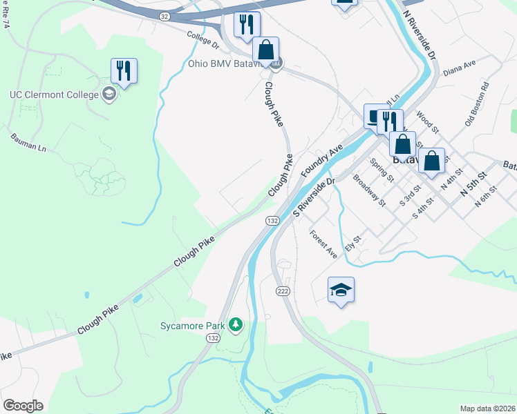 map of restaurants, bars, coffee shops, grocery stores, and more near 1800 Clough Pike in Batavia