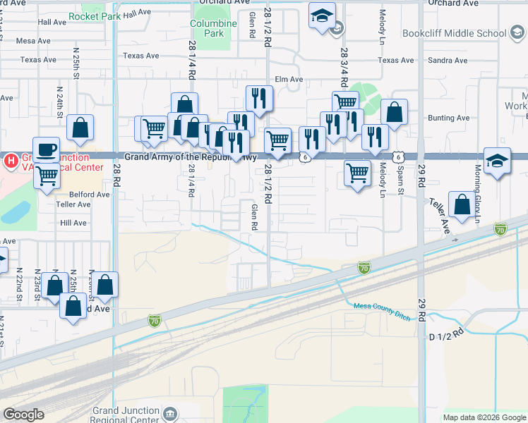 map of restaurants, bars, coffee shops, grocery stores, and more near 484 Glen Road in Grand Junction