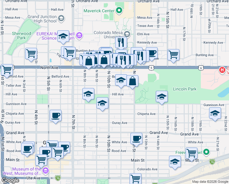 map of restaurants, bars, coffee shops, grocery stores, and more near 1023 Teller Avenue in Grand Junction