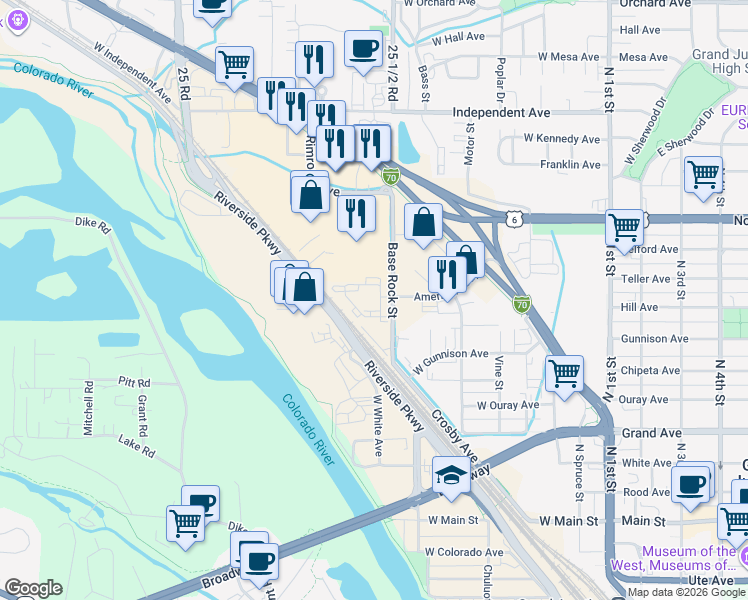 map of restaurants, bars, coffee shops, grocery stores, and more near 413-423 Base Rock Street in Grand Junction