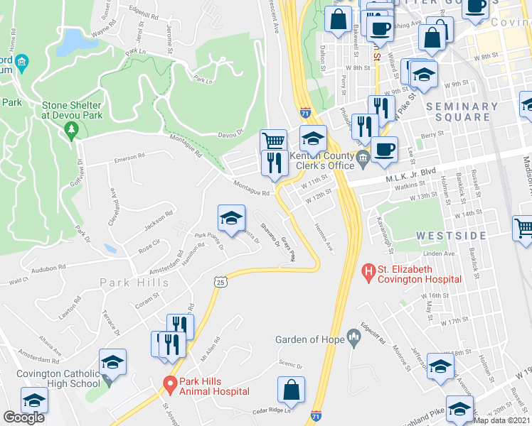 map of restaurants, bars, coffee shops, grocery stores, and more near 1115 West Pike Street in Covington