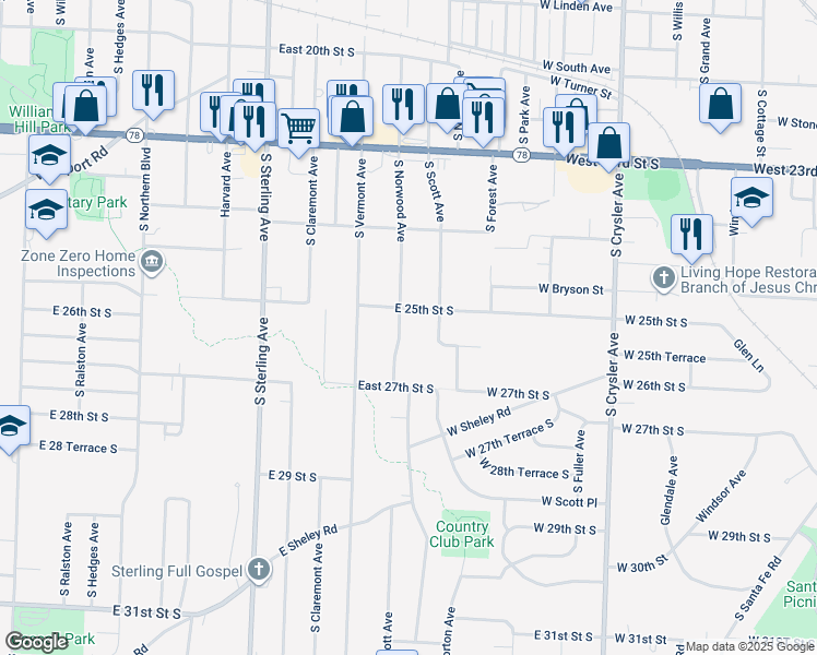 map of restaurants, bars, coffee shops, grocery stores, and more near 2500 South Scott Avenue in Independence
