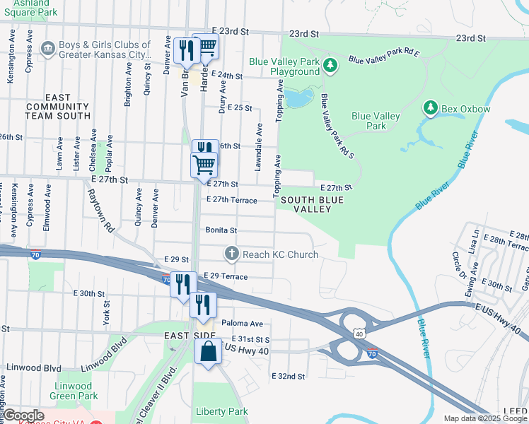 map of restaurants, bars, coffee shops, grocery stores, and more near 5632 East 28th Street in Kansas City