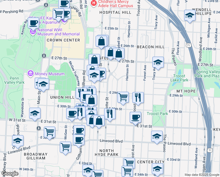 map of restaurants, bars, coffee shops, grocery stores, and more near 2809 Charlotte Street in Kansas City