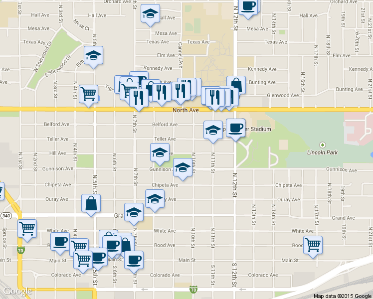 map of restaurants, bars, coffee shops, grocery stores, and more near 948 Hill Avenue in Grand Junction
