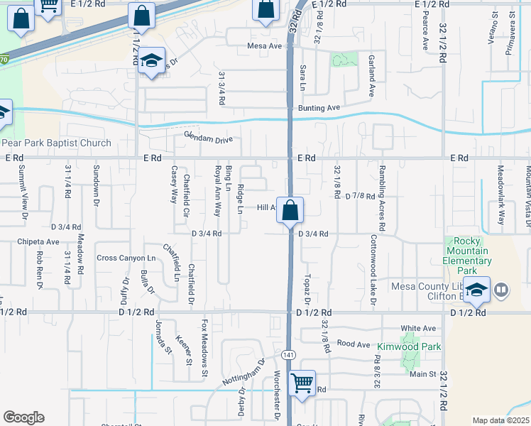 map of restaurants, bars, coffee shops, grocery stores, and more near 3193 Hill Avenue in Grand Junction