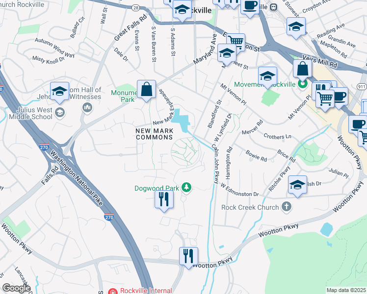 map of restaurants, bars, coffee shops, grocery stores, and more near 737 Monroe Street in Rockville
