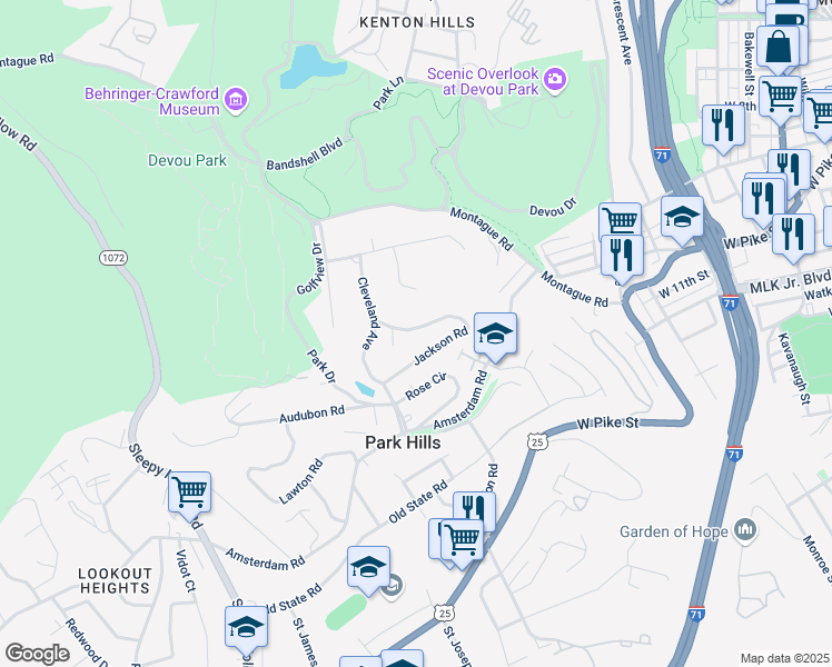 map of restaurants, bars, coffee shops, grocery stores, and more near 1053 Jackson Road in Park Hills