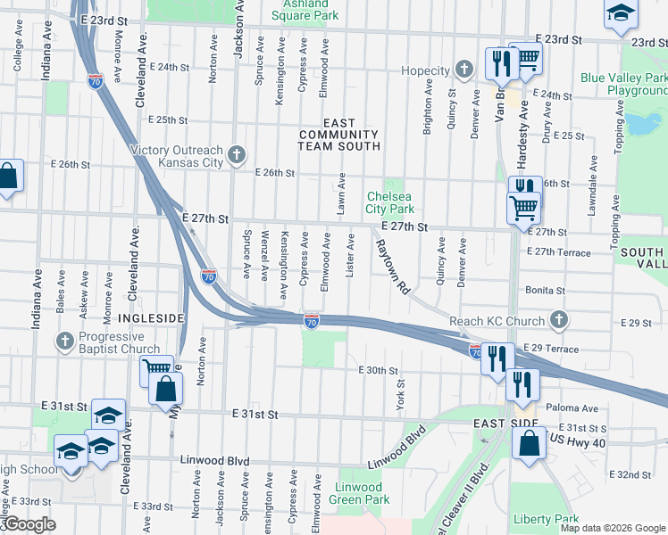 map of restaurants, bars, coffee shops, grocery stores, and more near 2736 Lister Avenue in Kansas City