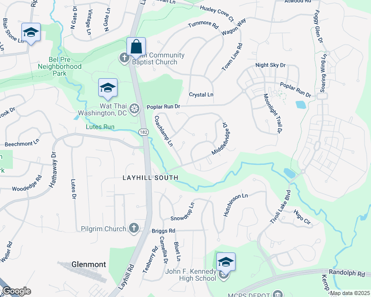 map of restaurants, bars, coffee shops, grocery stores, and more near 9 Coachlamp Court in Silver Spring