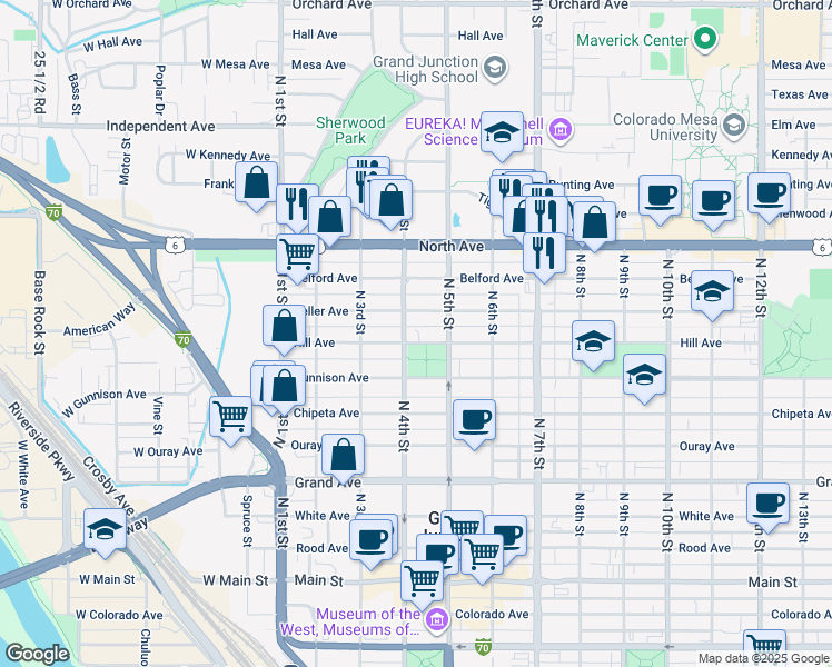 map of restaurants, bars, coffee shops, grocery stores, and more near 410 Hill Avenue in Grand Junction