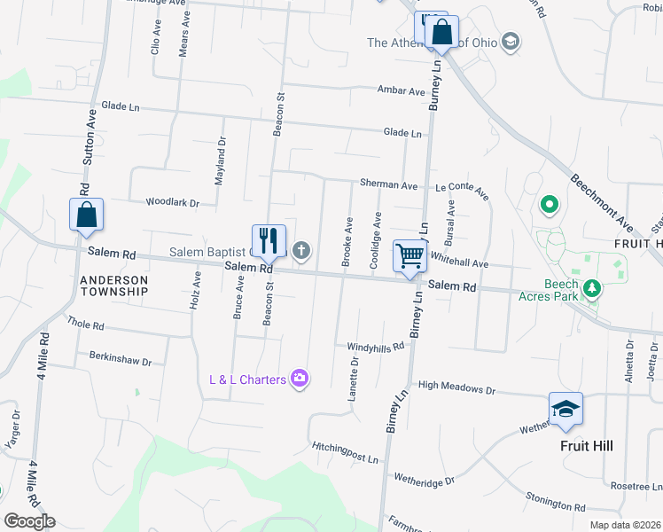 map of restaurants, bars, coffee shops, grocery stores, and more near 6520 Salem Road in Cincinnati