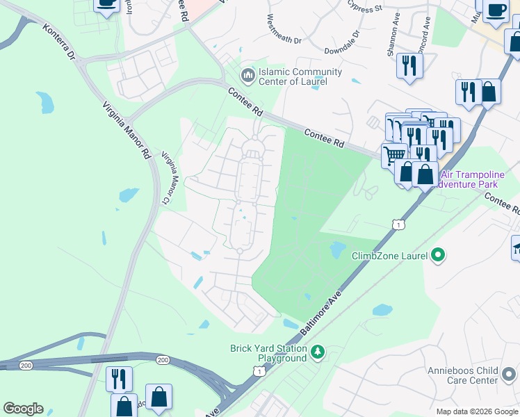 map of restaurants, bars, coffee shops, grocery stores, and more near 7400 Frostwood Circle in Laurel
