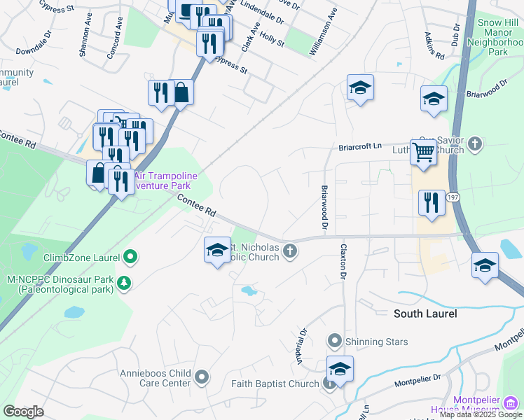 map of restaurants, bars, coffee shops, grocery stores, and more near 13406 Oaklands Manor Drive in Laurel