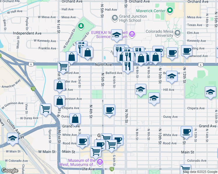 map of restaurants, bars, coffee shops, grocery stores, and more near 540 Hill Avenue in Grand Junction
