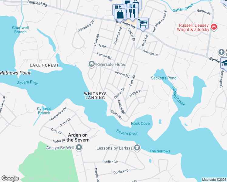 map of restaurants, bars, coffee shops, grocery stores, and more near 636 Arleigh Road in Severna Park