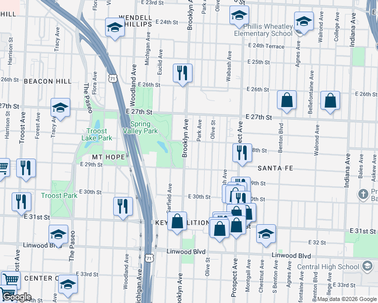 map of restaurants, bars, coffee shops, grocery stores, and more near 2811 Brooklyn Avenue in Kansas City